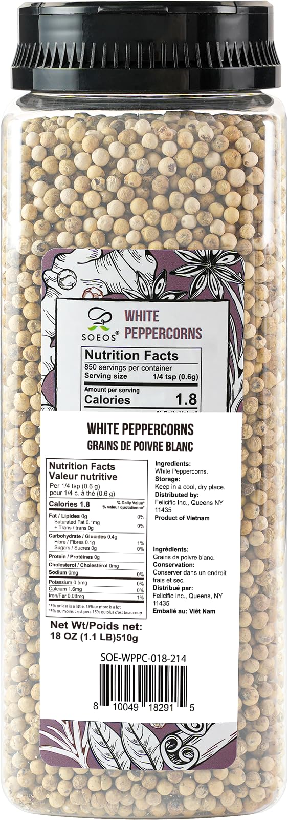 Soeos White Peppercorns, 18oz – Non-GMO, Kosher, Whole for Fresh Grinding