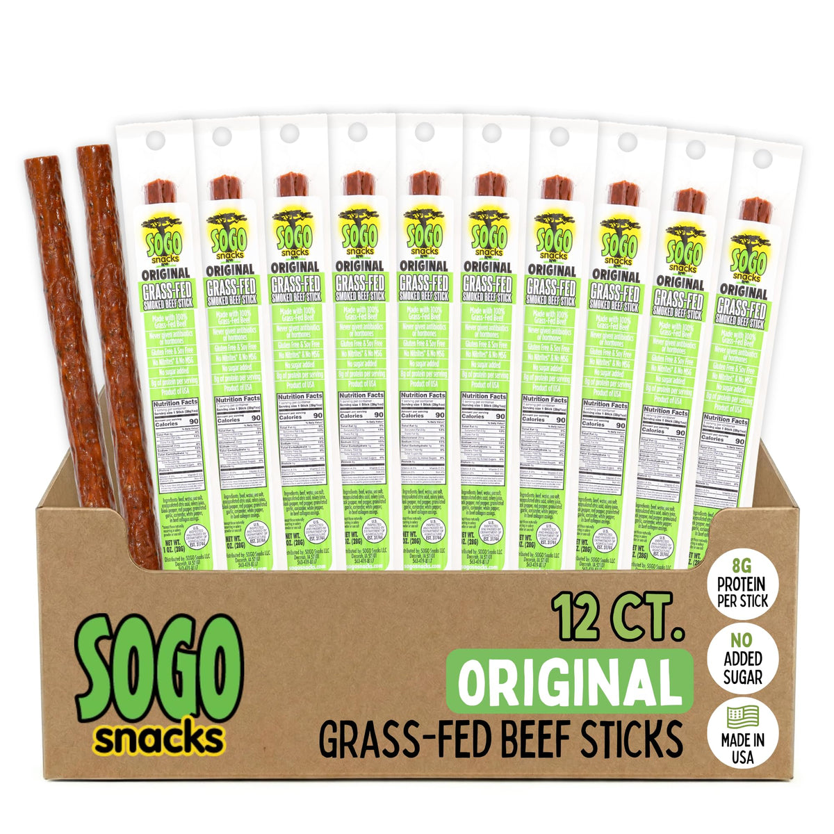 Original Beef Sticks by Sogo Snacks — No Sugar, 100% Grass-Fed, Non-GMO, Keto & Paleo (1oz, 12 Count)