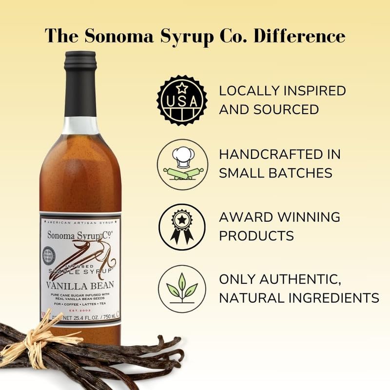 Sonoma Syrup Co Vanilla Bean Infused Simple Syrup – 25.4 fl oz | Coffee, Tea & Baking | Made in USA