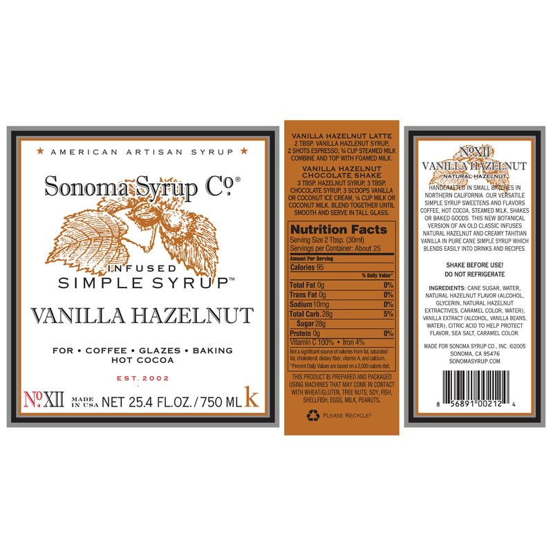 Sonoma Syrup Co Vanilla Hazelnut Syrup – 25.4 fl oz for Coffee, Cocktails & Cooking