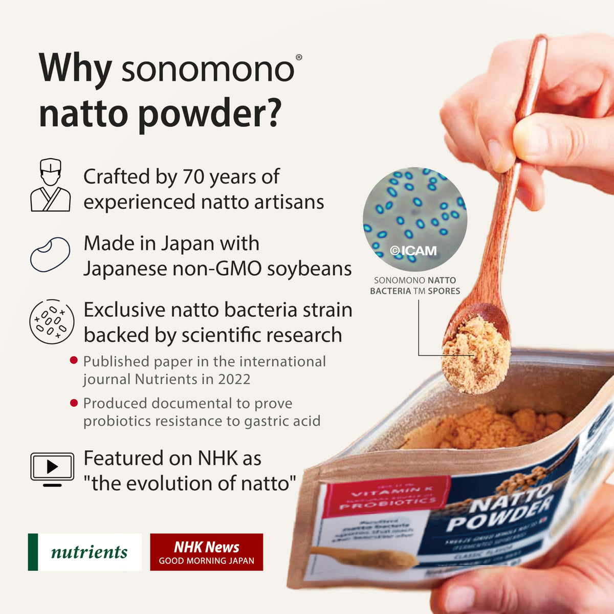 sonomono Japanese Natto Powder – Mild Flavor, Freeze-Dried, Non-GMO, Vegan, Made in Japan (60 g)