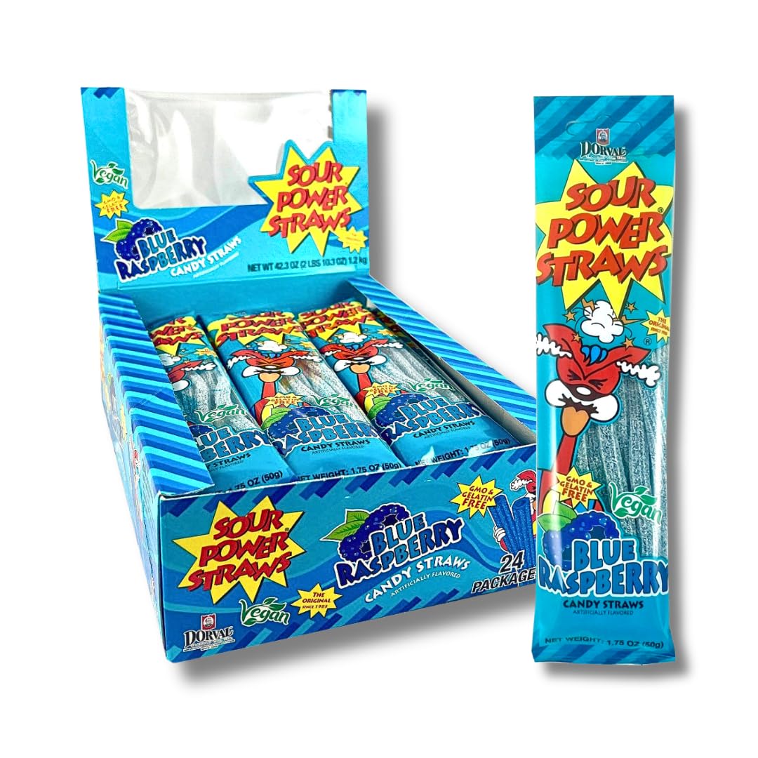Sour Power Blue Raspberry Candy Straws – 24 Pack, 1.75 oz Total | Vegan, Gelatin-Free, Non-GMO
