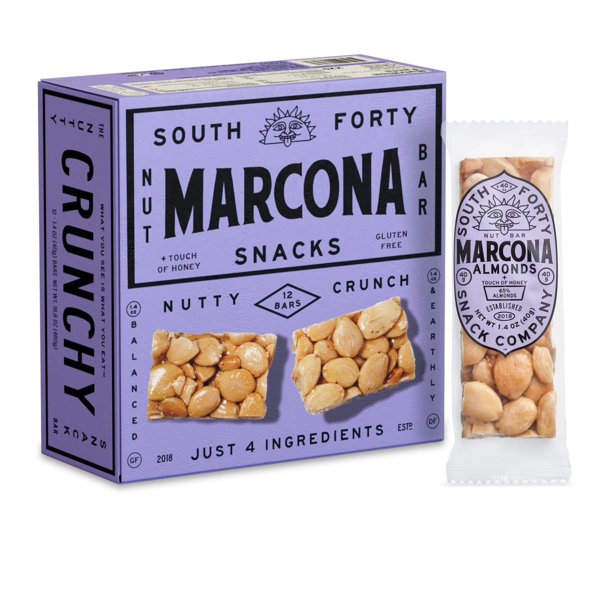 South Forty Snacks Marcona Almond Crunch Bar – Honey-Sweetened, 4-Ingredient, 40g Bars, Pack of 12