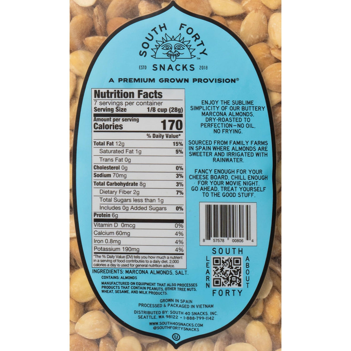 South Forty Snacks Dry Roasted Salted Marcona Almonds – 6.5oz Bag (Pack of 4)