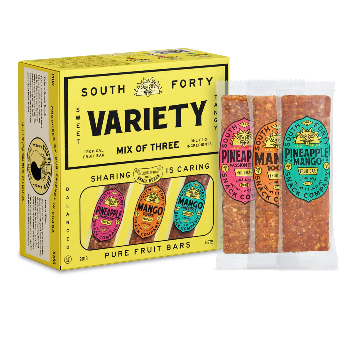 South Forty Snacks Tropical Fruit Bars Mix of 3 – Mango, Pineapple Passionfruit & Pineapple Mango Lime (35g x18)