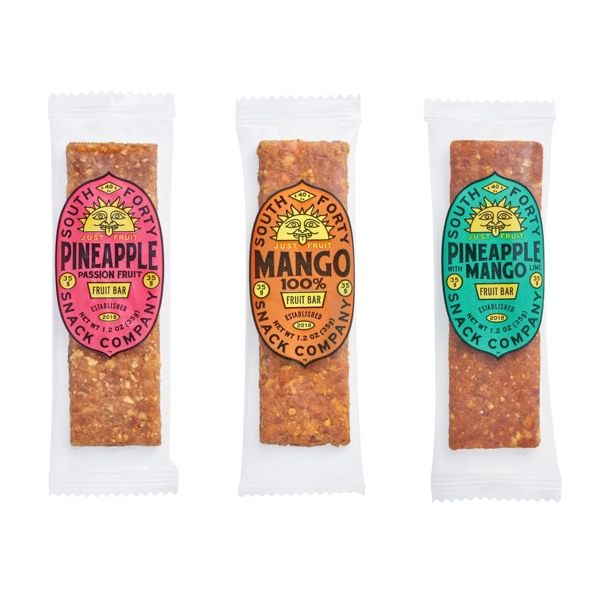 South Forty Snacks Tropical Fruit Bars Mix of 3 – Mango, Pineapple Passionfruit & Pineapple Mango Lime (35g x18)