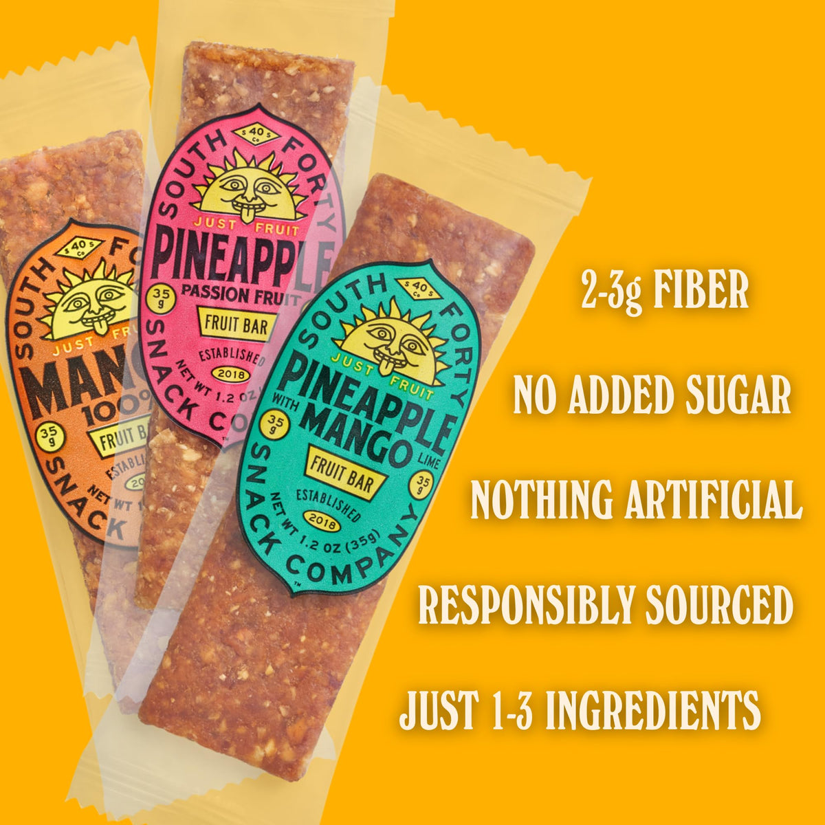 South Forty Snacks Tropical Fruit Bars Mix of 3 – Mango, Pineapple Passionfruit & Pineapple Mango Lime (35g x18)