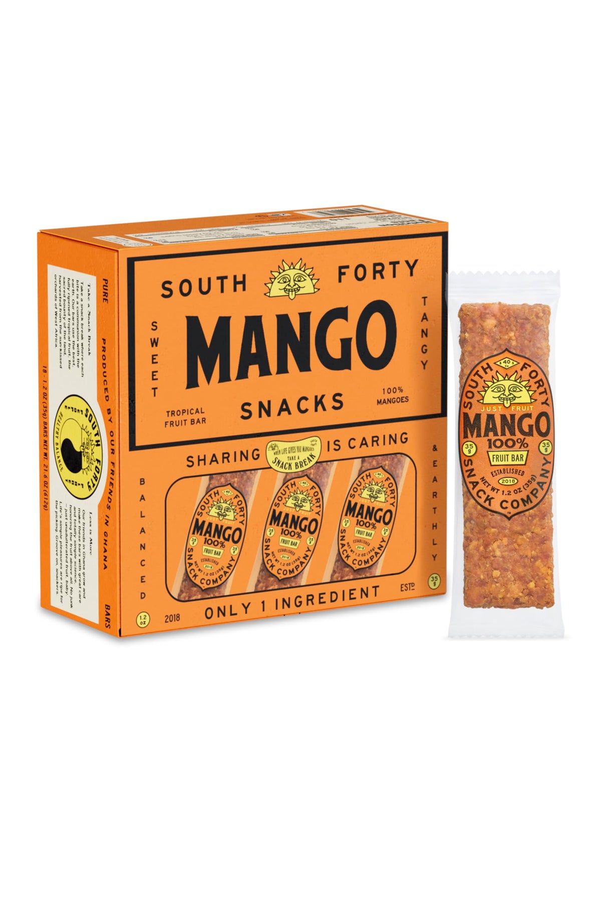 South Forty Snacks Tropical Mango Bar – 1 Ingredient, No Added Sugar, 35g (Pack of 18)