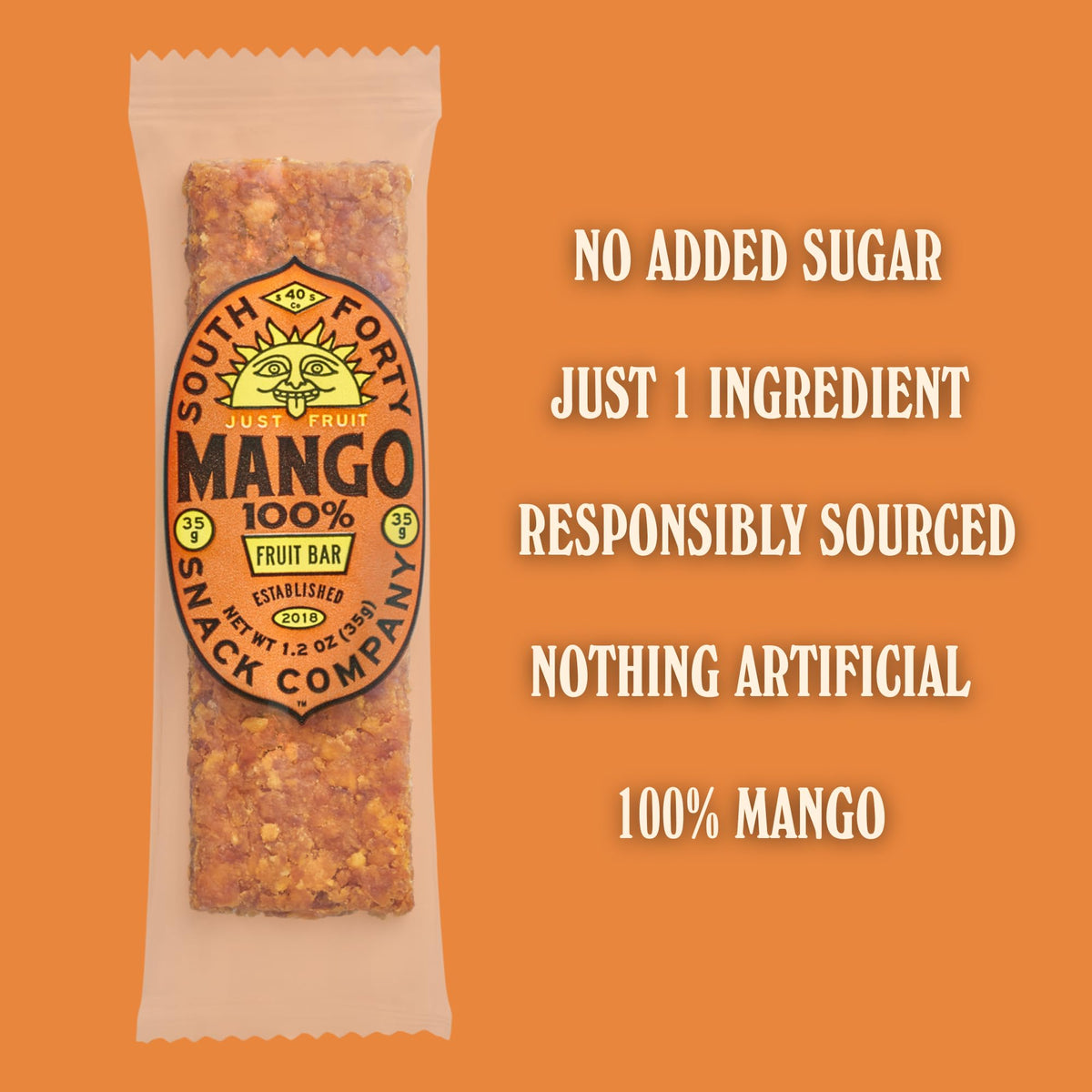 South Forty Snacks Tropical Mango Bar – 1 Ingredient, No Added Sugar, 35g (Pack of 18)