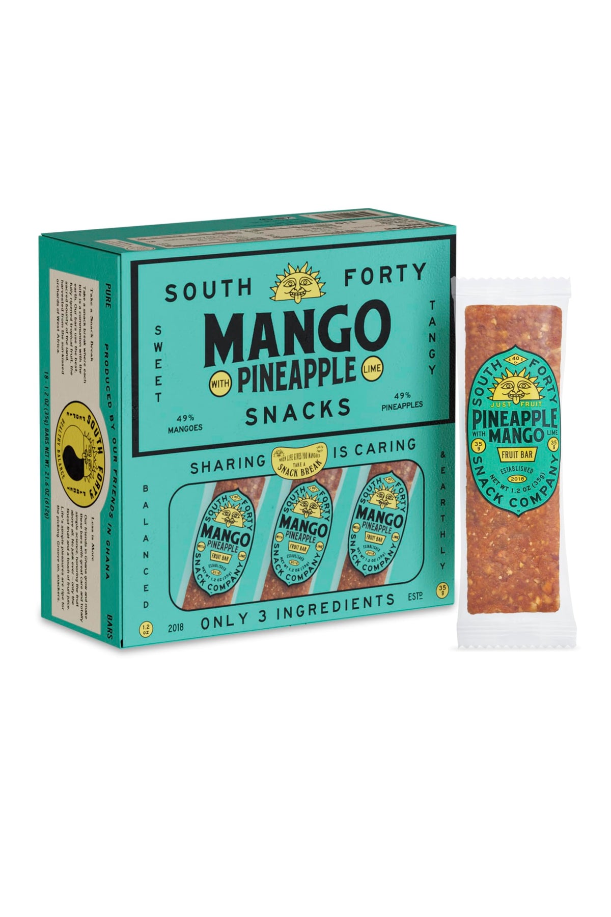 South Forty Snacks Tropical Pineapple Mango Lime Bar – 3 Ingredients, Real Dried Fruit Leather (35g) Pack of 18