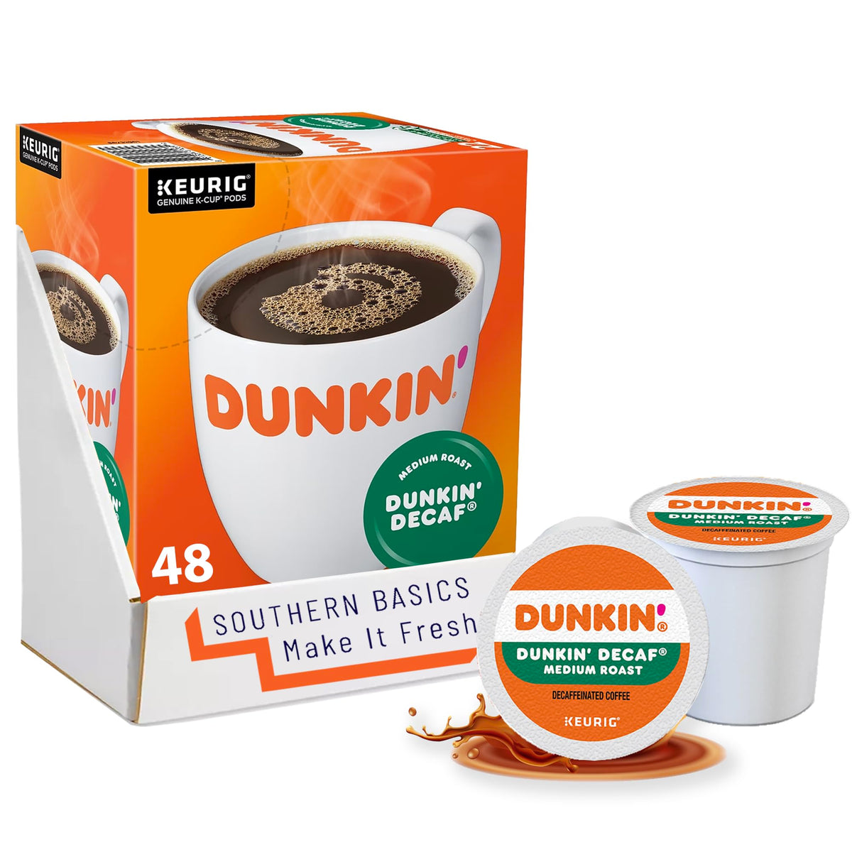 Southern Basics Dunkin Donuts Decaf Original Coffee K-Cups for Keurig – 48 Count (Packaging May Vary)