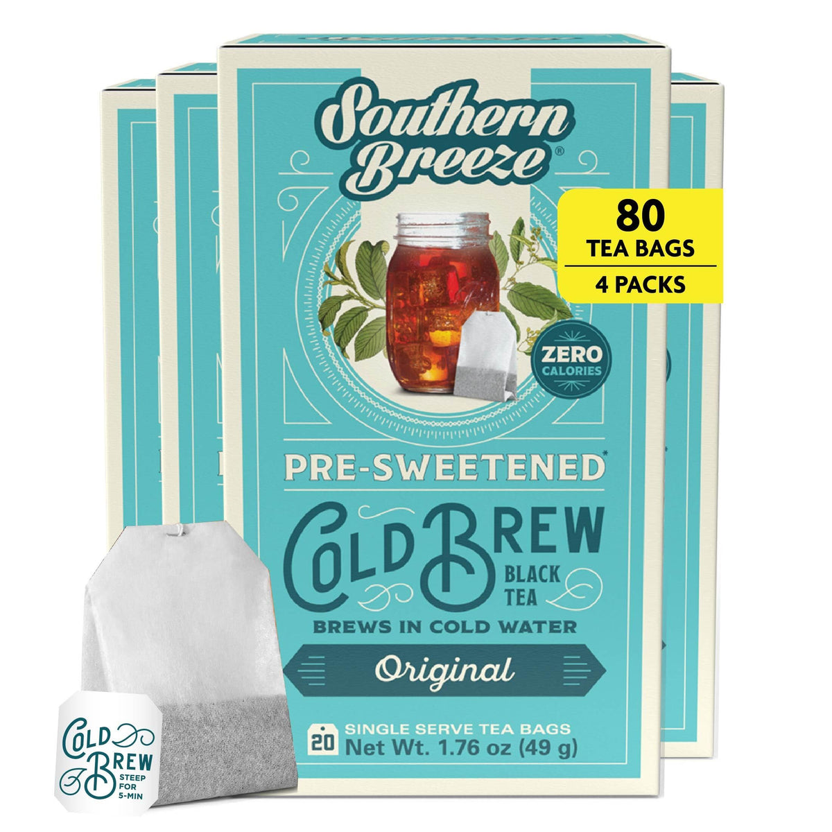 Southern Breeze Cold Brew Sweet Tea Original – Zero Sugar, Zero Carbs, 80 Bags (Pack of 4)