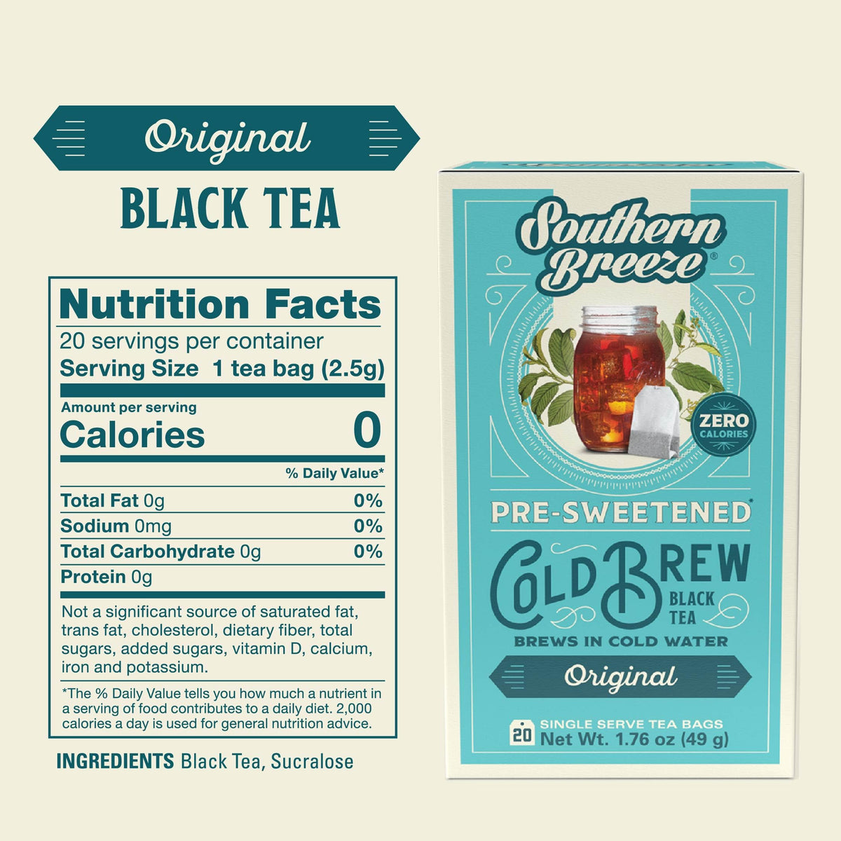 Southern Breeze Cold Brew Sweet Tea Original – Zero Sugar, Zero Carbs, 80 Bags (Pack of 4)
