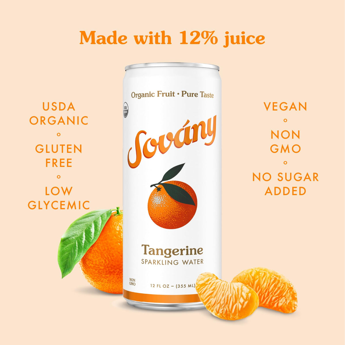 Sovány Tangerine Sparkling Water – Organic, No Added Sugar, Low Calorie | 12 oz Can, 12 Pack