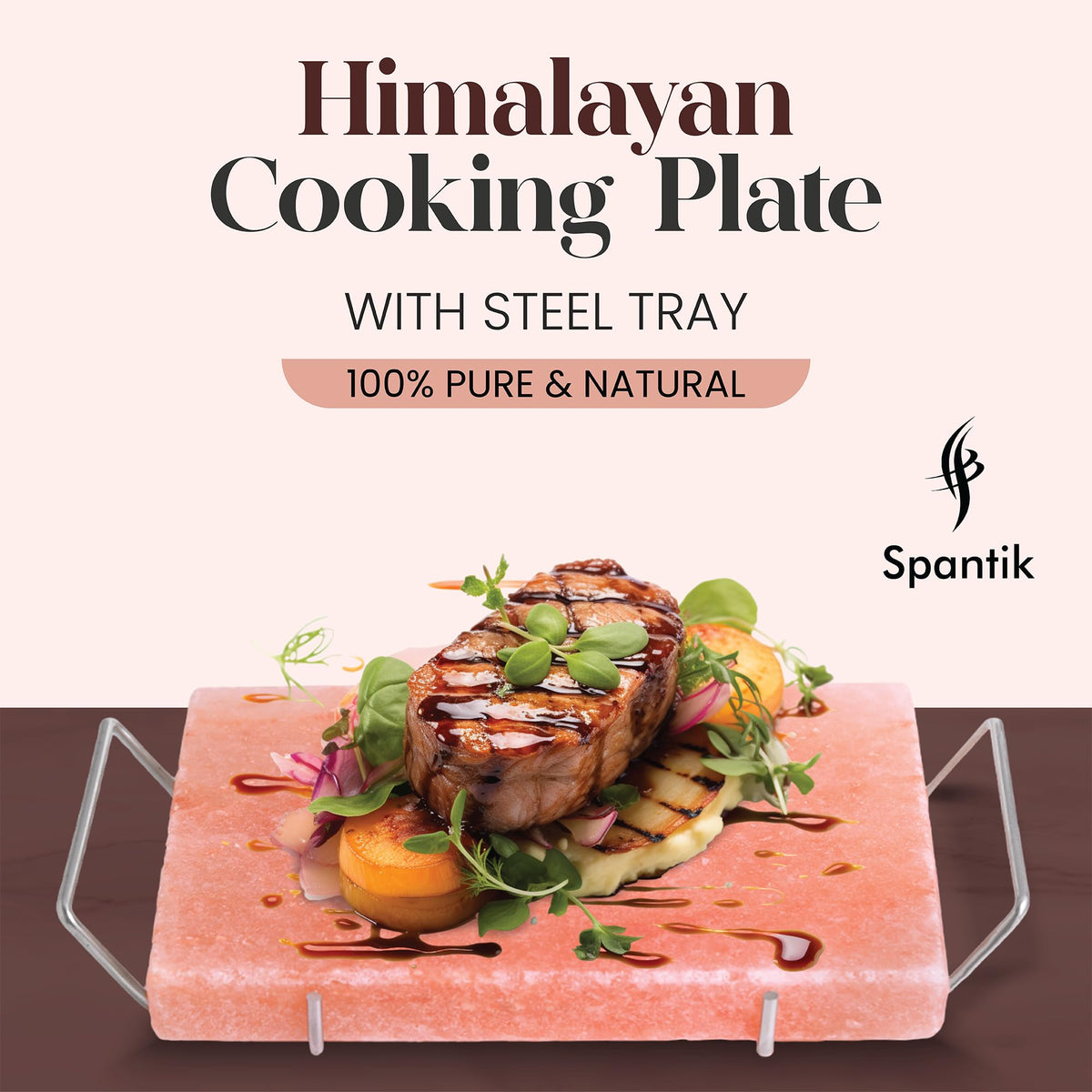 Spantik Himalayan Salt Block Set with Steel Tray – 12x8x1.5 in for Grilling, Cooking & Serving