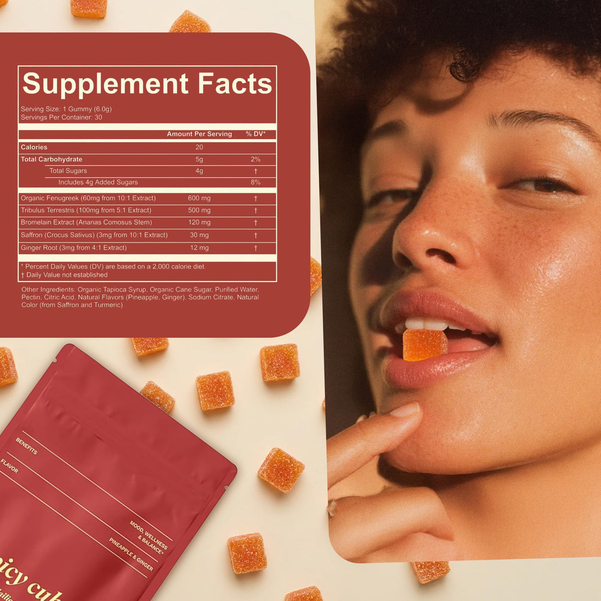 Spicy Cubes Dailies for Her – Feminine Balance Gummies with Saffron & Fenugreek, Pineapple Ginger Flavor (30 Gummies)