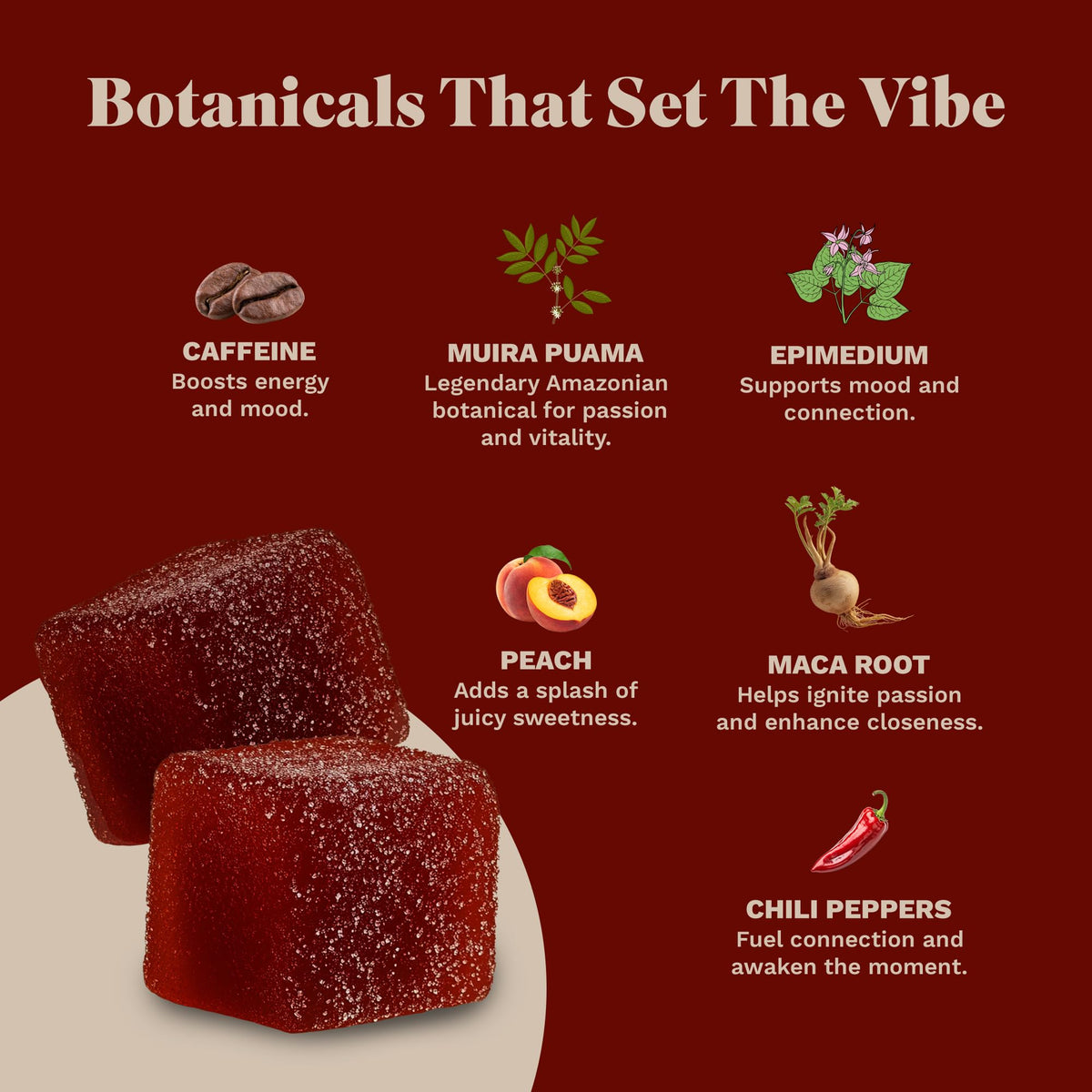 Spicy Cubes Hot Peach Gummies – Peach + Chili Sugar, Maca Root & Muira Puama for Energy & Vitality