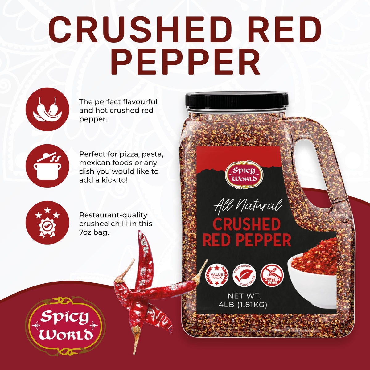 Spicy World Crushed Red Pepper Flakes - 4 lb Bulk Jar, All Natural Heat for Pasta, Pizza & More