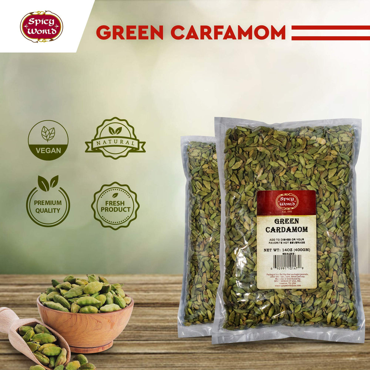 Spicy World Whole Green Cardamom Pods – 14oz Jumbo, Premium Grade A, Aromatic Spice