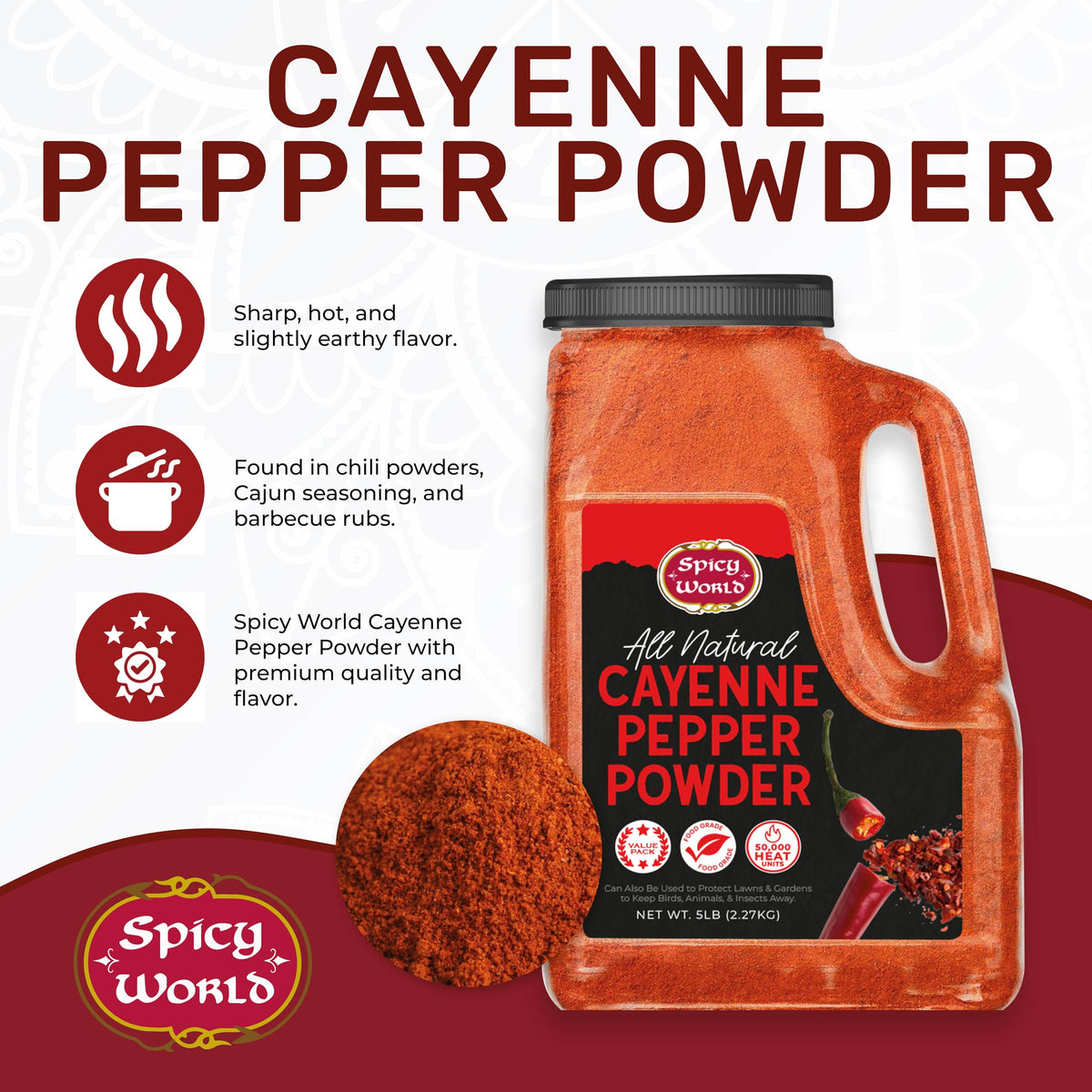 Spicy World Hot Cayenne Pepper Powder – 5 lb Bulk Jar, 50,000 SHU, Gluten Free
