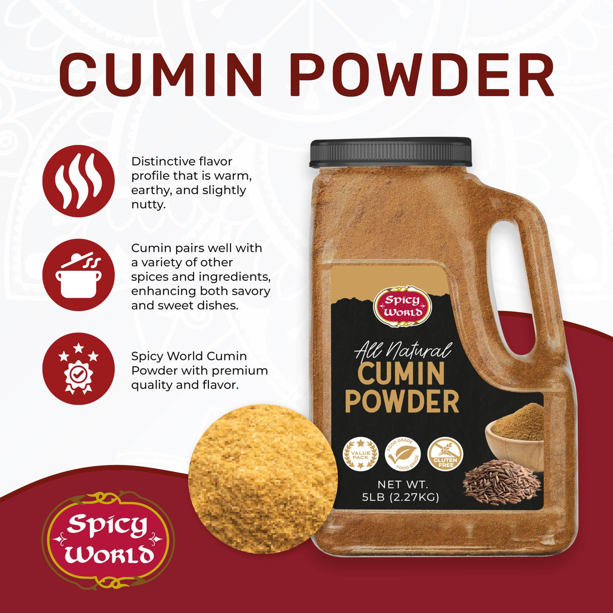 Spicy World Cumin Powder 5 LB Bulk Jar – All Natural, Gluten Free, Jeera Ground Cumin