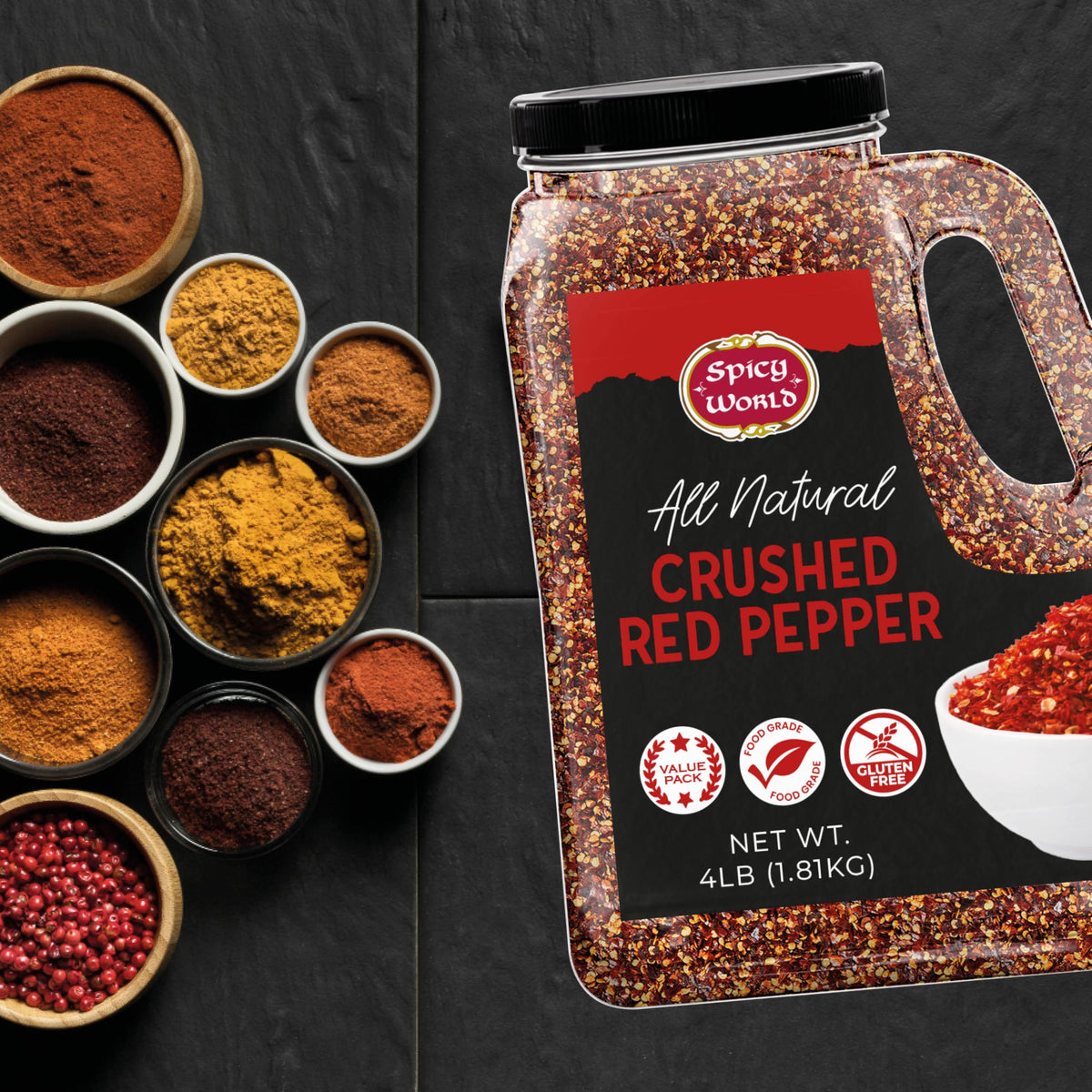 Spicy World Crushed Red Pepper Flakes - 4 lb Bulk Jar, All Natural Heat for Pasta, Pizza & More