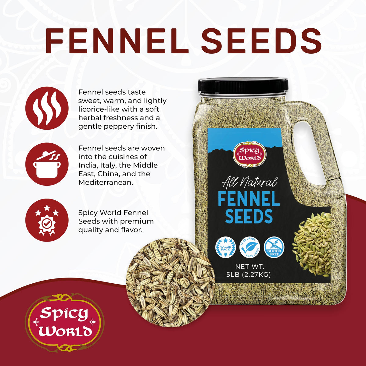 Spicy World Fennel Seeds 5 lb Bulk Jar – Whole Sweet Fennel for Cooking, Tea & Fresh Powder
