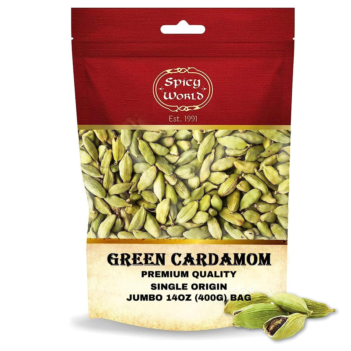 Spicy World Whole Green Cardamom Pods – 14oz Jumbo, Premium Grade A, Aromatic Spice