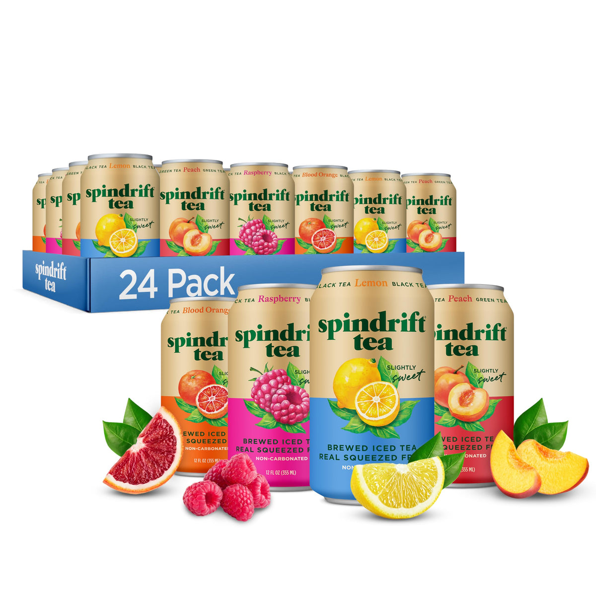 Spindrift Brewed Iced Tea Variety Pack – Real Squeezed Fruit, No Carbonation, 12 oz Cans, 24 Pack (22–49 Calories)