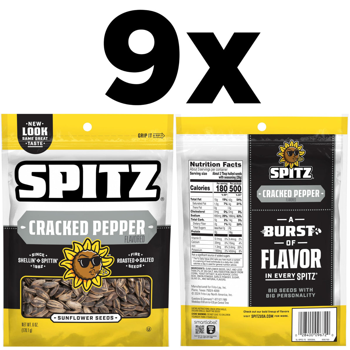 Spitz Sunflower Seeds Cracked Pepper 6 oz (Pack of 9) | Bold Pepper Flavor