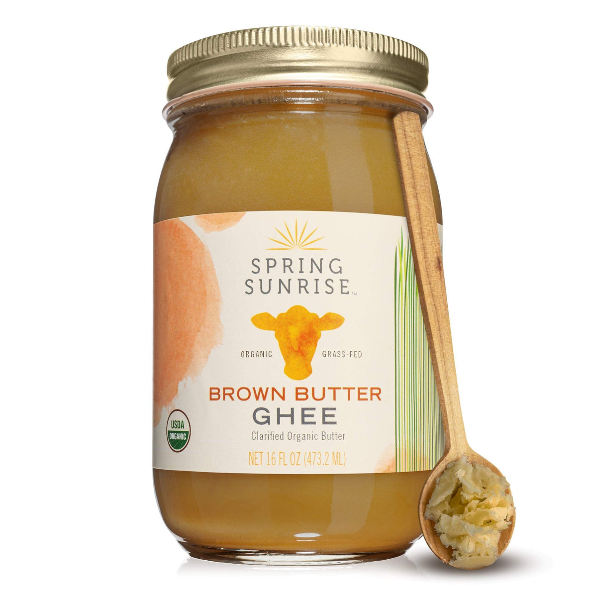 Spring Sunrise Organic Brown Ghee – Grass-Fed, High Smoke Point 485°F, 16 oz Jar