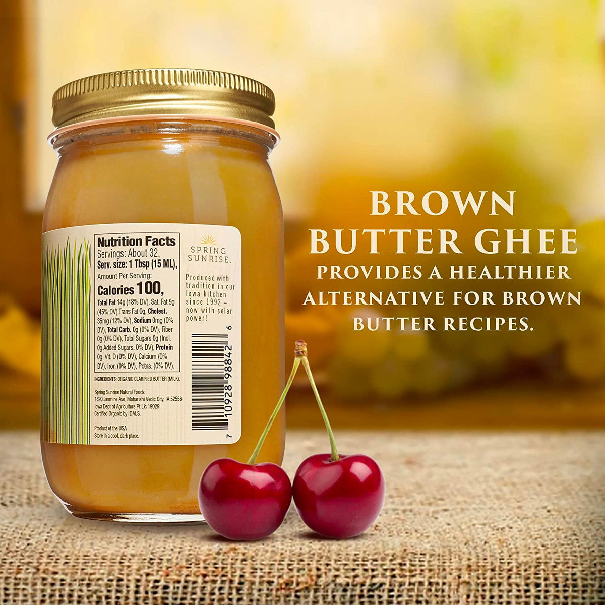 Spring Sunrise Organic Brown Ghee – Grass-Fed, High Smoke Point 485°F, 16 oz Jar