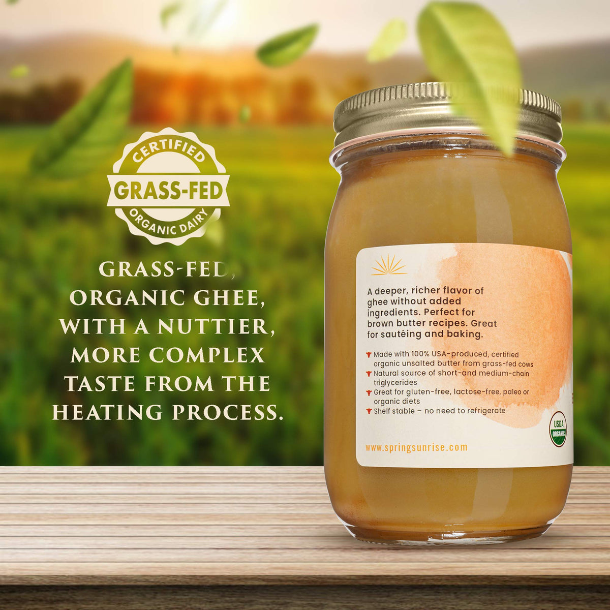 Spring Sunrise Organic Brown Ghee – Grass-Fed, High Smoke Point 485°F, 16 oz Jar