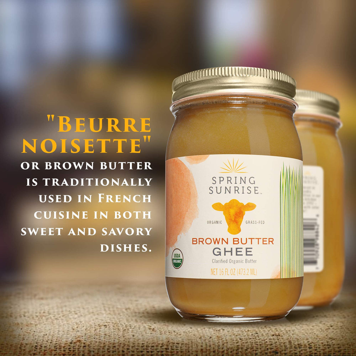 Spring Sunrise Organic Brown Ghee – Grass-Fed, High Smoke Point 485°F, 16 oz Jar