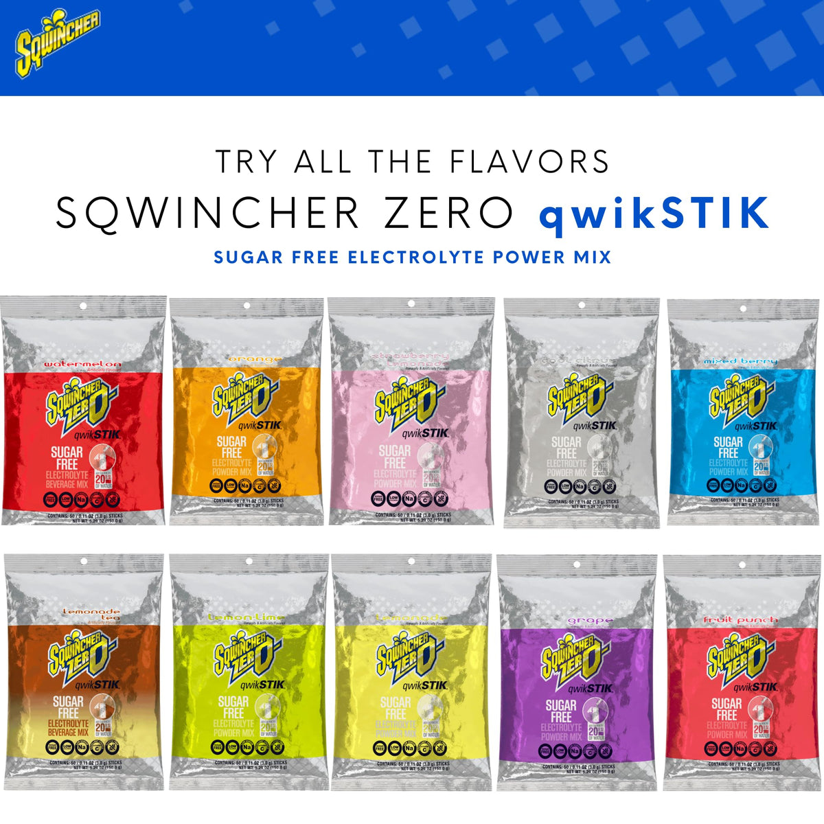 Sqwincher Qwik Stik Zero Lemon Lime Electrolyte Drink Sticks – 0.11 oz, Yields 20 oz, 50 Sticks per Pack