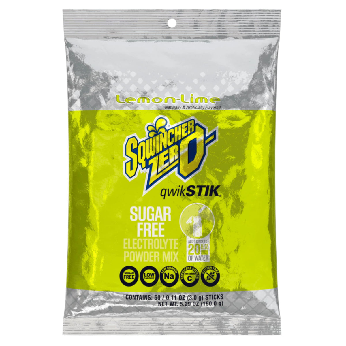 Sqwincher Qwik Stik Zero Lemon Lime Electrolyte Drink Sticks – 0.11 oz, Yields 20 oz, 50 Sticks per Pack