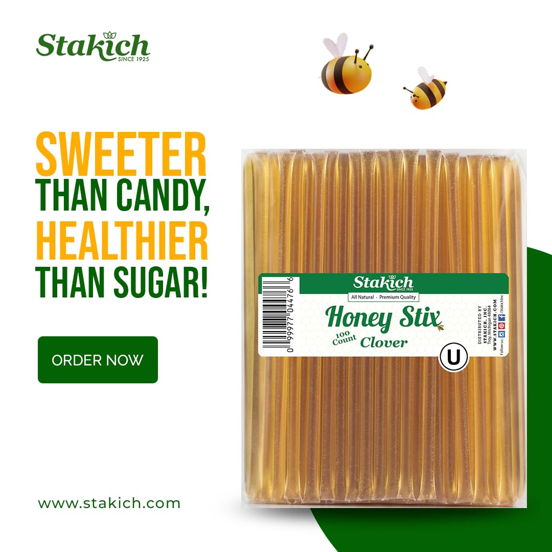 Stakich Clover Honey Sticks – Kosher Certified, 200 Count Bulk Pack