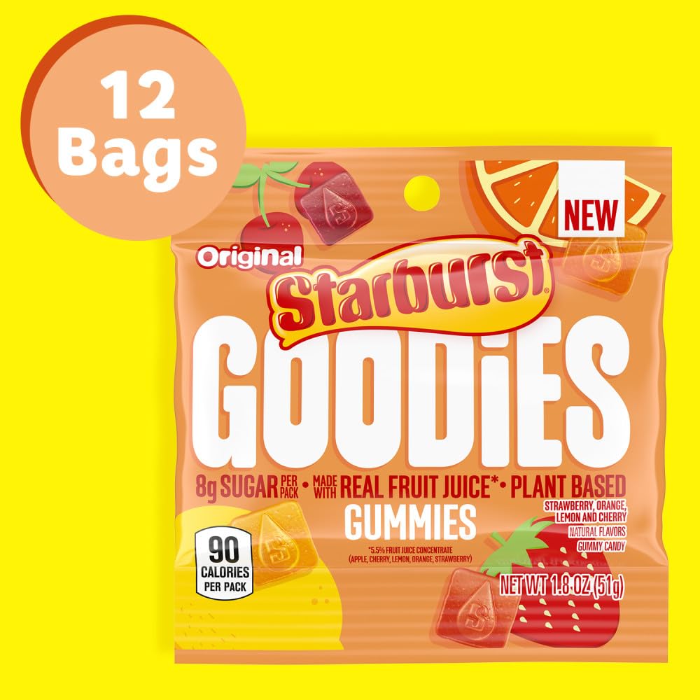 STARBURST GOODIES Original Plant-Based Gummies – Low Sugar, 12-Pack, 1.8 oz Bags