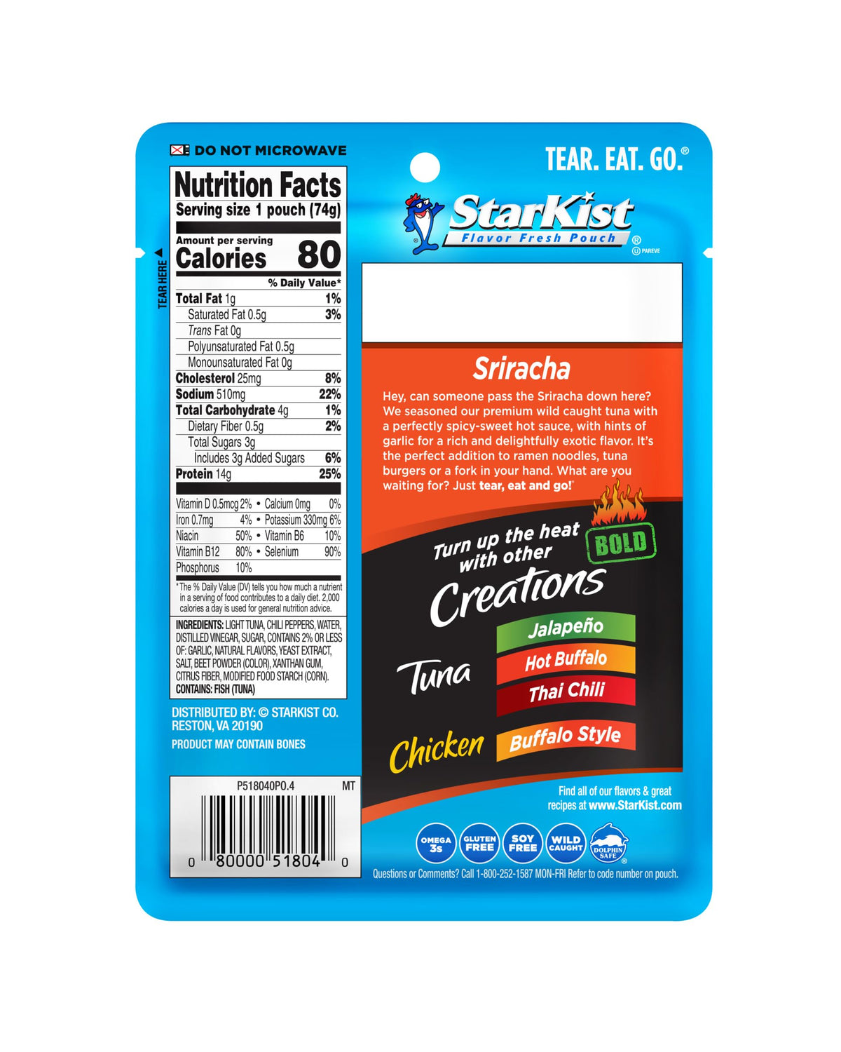 StarKist Tuna Creations BOLD Sriracha Pouch – 24 Pack, Wild Caught, 14g Protein