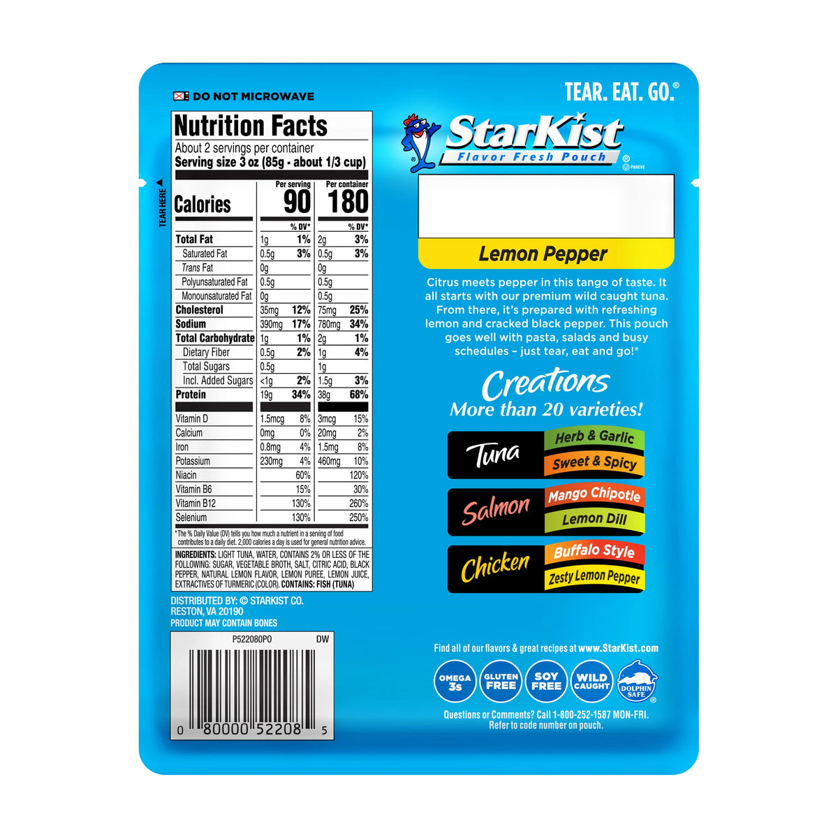 StarKist Tuna Creations Lemon Pepper Pouch – 6 oz, 12 Pack | Wild-Caught, High Protein, Gluten & Soy Free