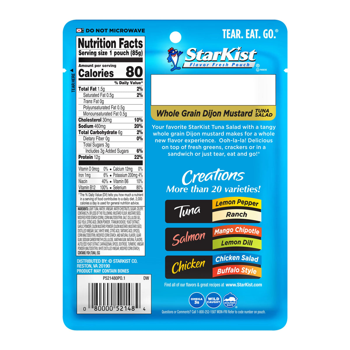 StarKist Tuna Creations Whole Grain Dijon Mustard Tuna Salad Pouch – Wild Caught, 12g Protein, 80 Cal, 24 Pack