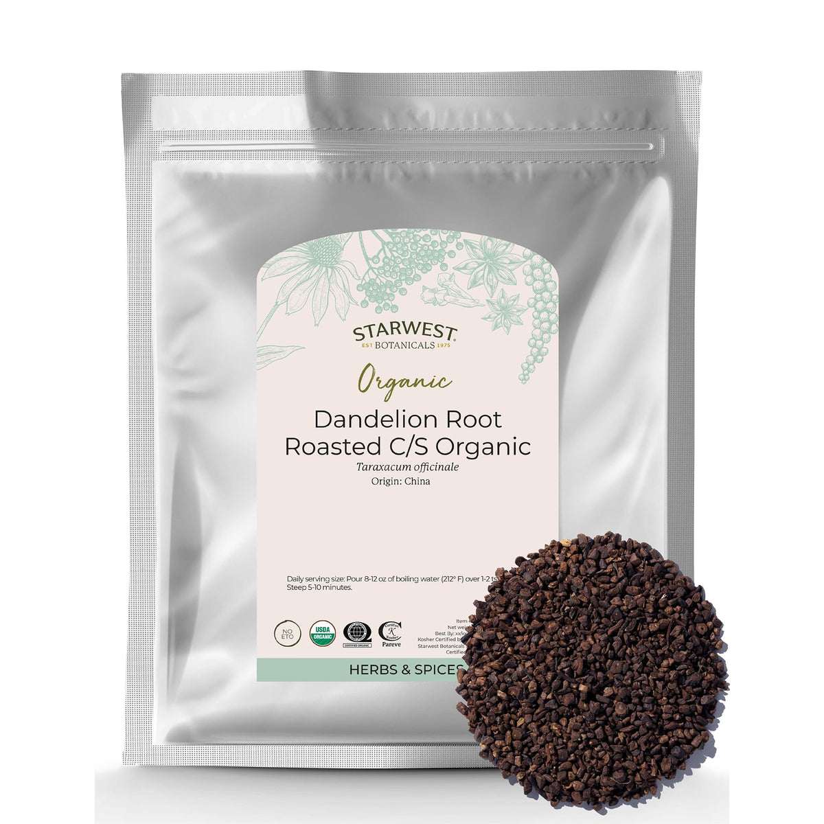 Starwest Botanicals Organic Roasted Dandelion Root Tea - Caffeine-Free, Kosher, 1 lb Bulk