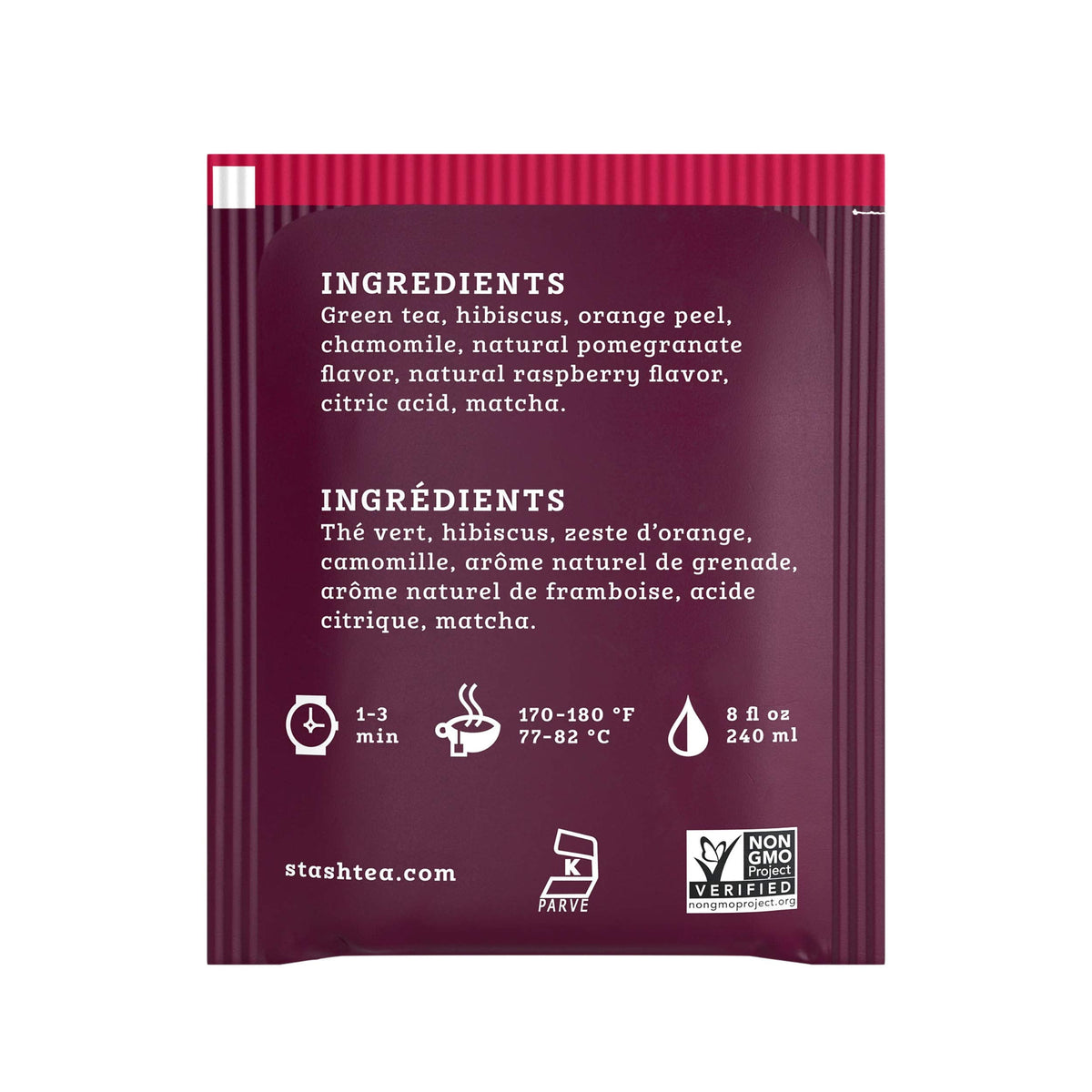 Stash Tea Pomegranate Raspberry & Matcha Green Tea — 108 Bags, Caffeinated, Non-GMO Project Verified
