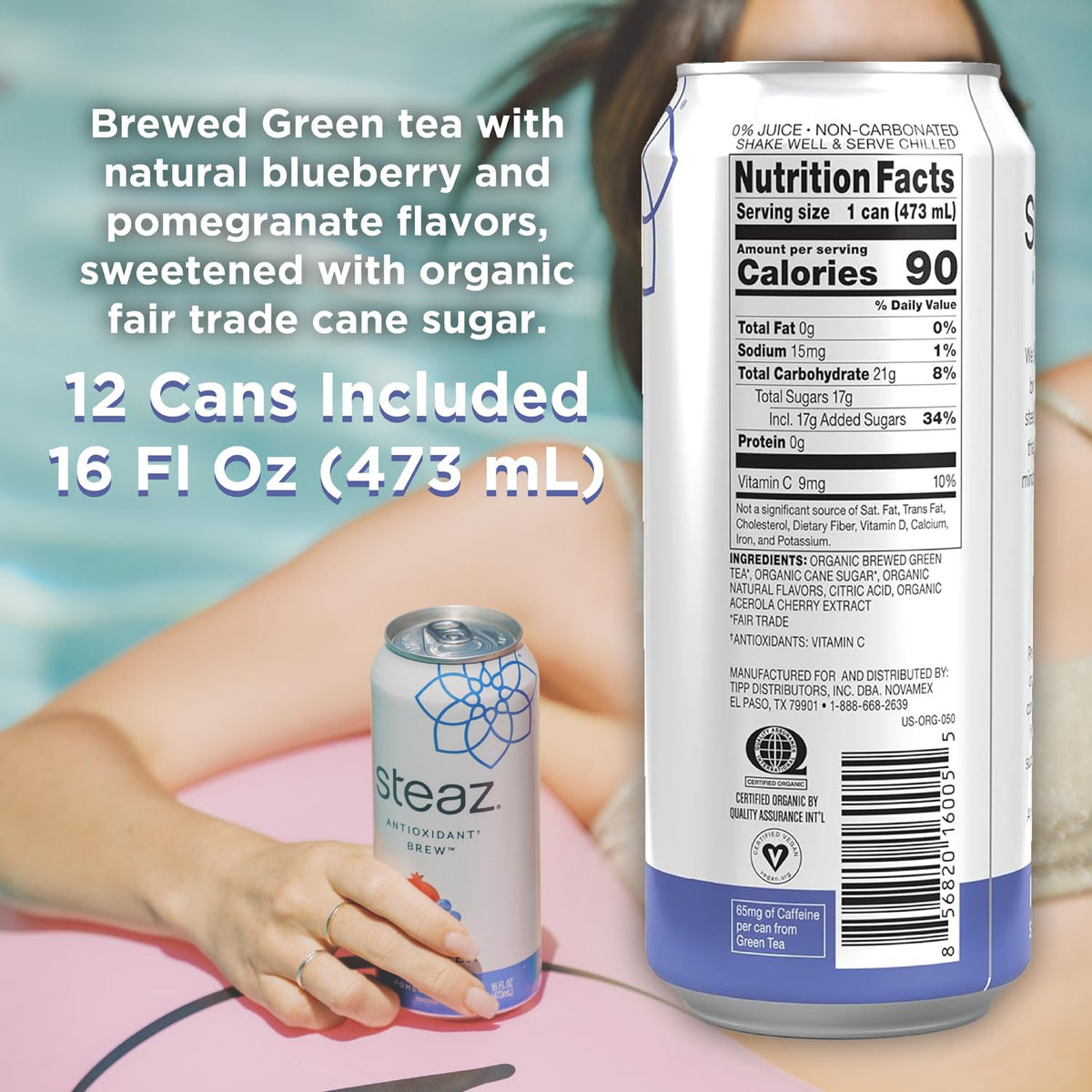 Steaz Organic Green Tea - Blueberry Pomegranate (12 Pack) | Antioxidant Brew, 65 mg Caffeine, 90 Calories, Vitamin C, Vegan