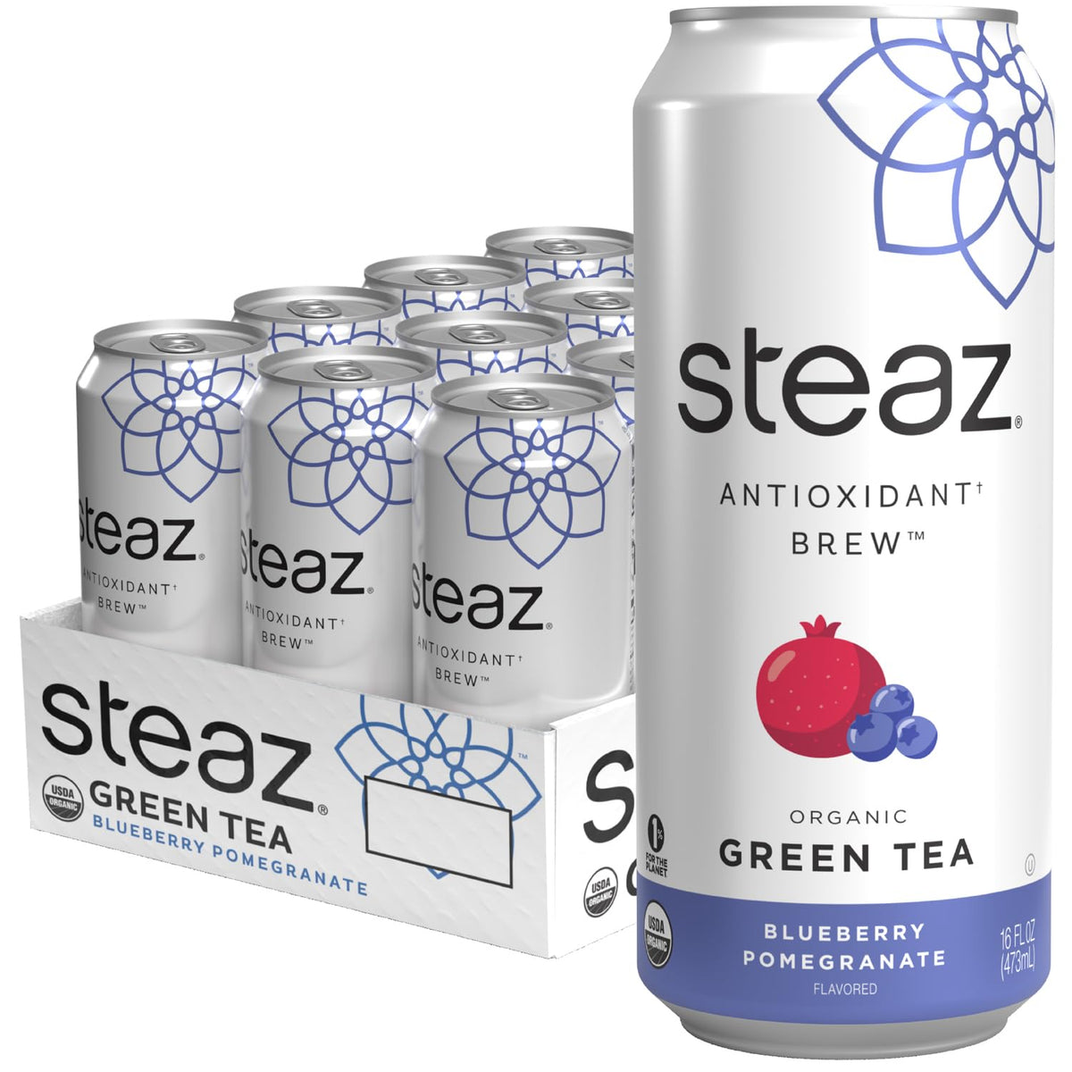 Steaz Organic Green Tea - Blueberry Pomegranate (12 Pack) | Antioxidant Brew, 65 mg Caffeine, 90 Calories, Vitamin C, Vegan