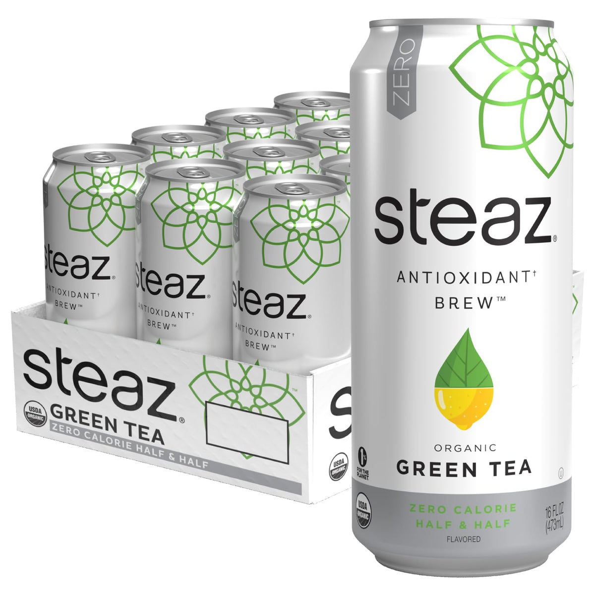 Steaz Organic Green Tea – Zero Calorie Half & Half Iced Tea (12 Pack) | 65 mg Caffeine, Vitamin C, Stevia
