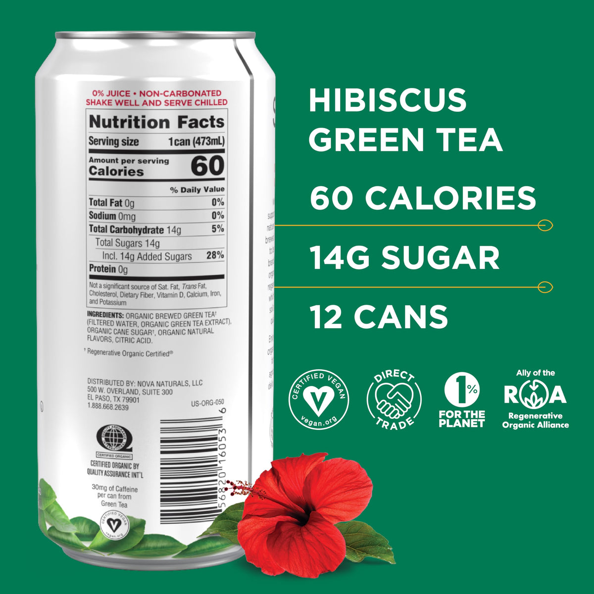 Steaz Organic Hibiscus Green Tea (12 Pack) – Regenerative Organic Certified, 30 mg Caffeine per Can