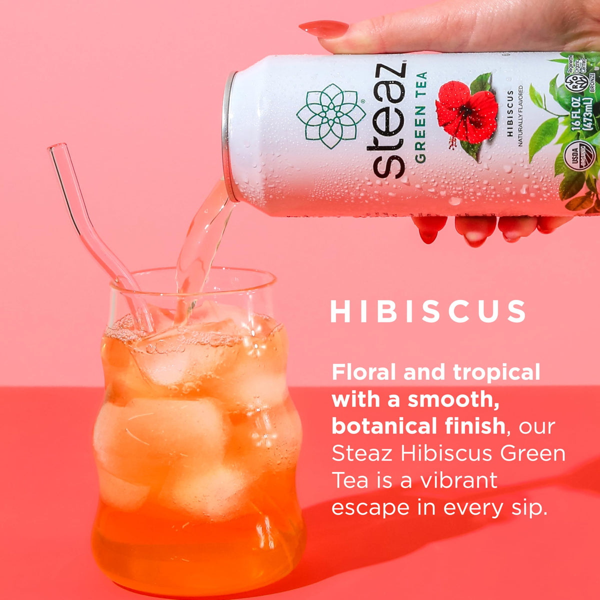Steaz Organic Hibiscus Green Tea (12 Pack) – Regenerative Organic Certified, 30 mg Caffeine per Can