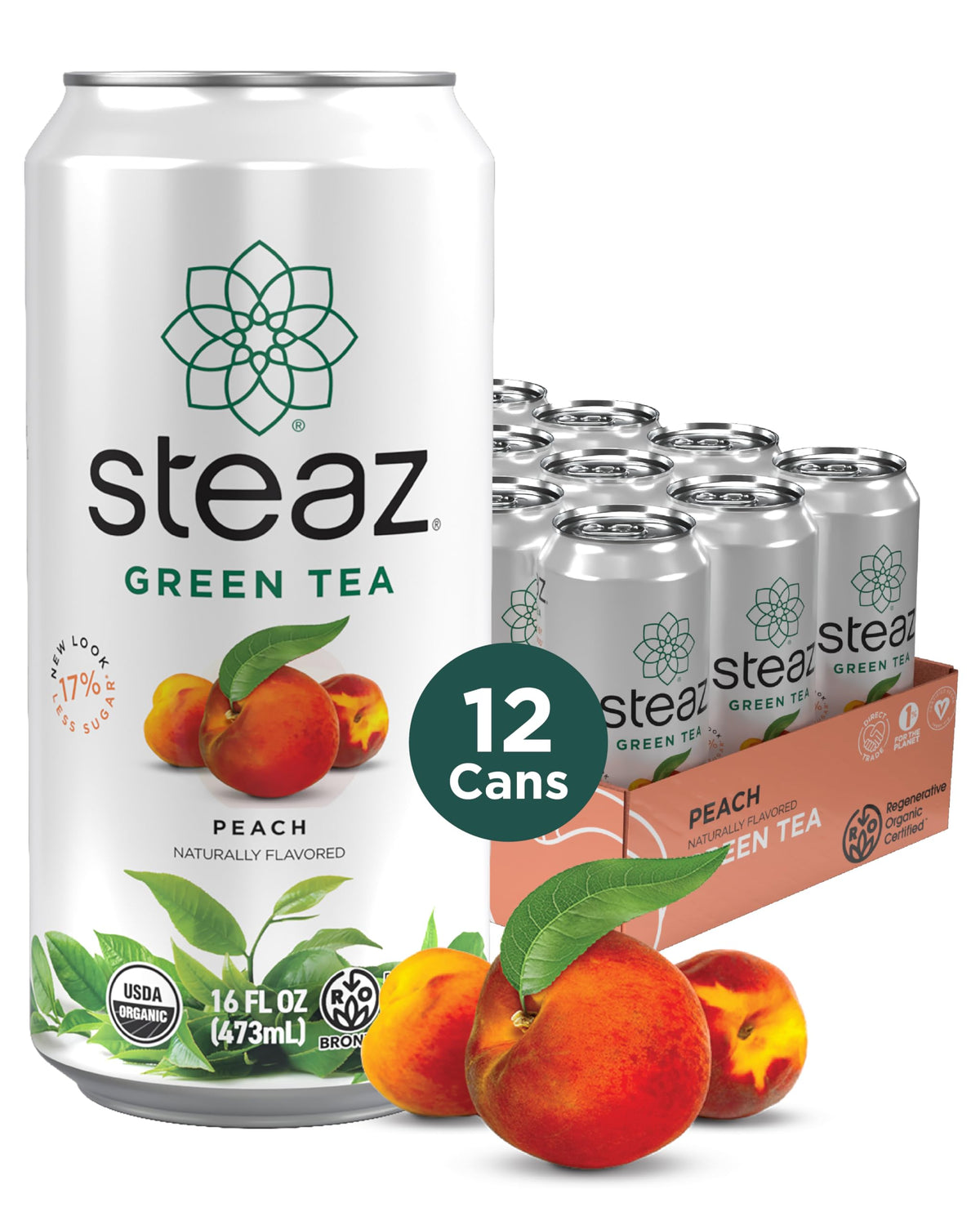Steaz Organic Green Tea Peach Flavored (12 Pack) – Antioxidant Brew, 65 mg Caffeine, 90 Calories, Vegan & Fair Trade