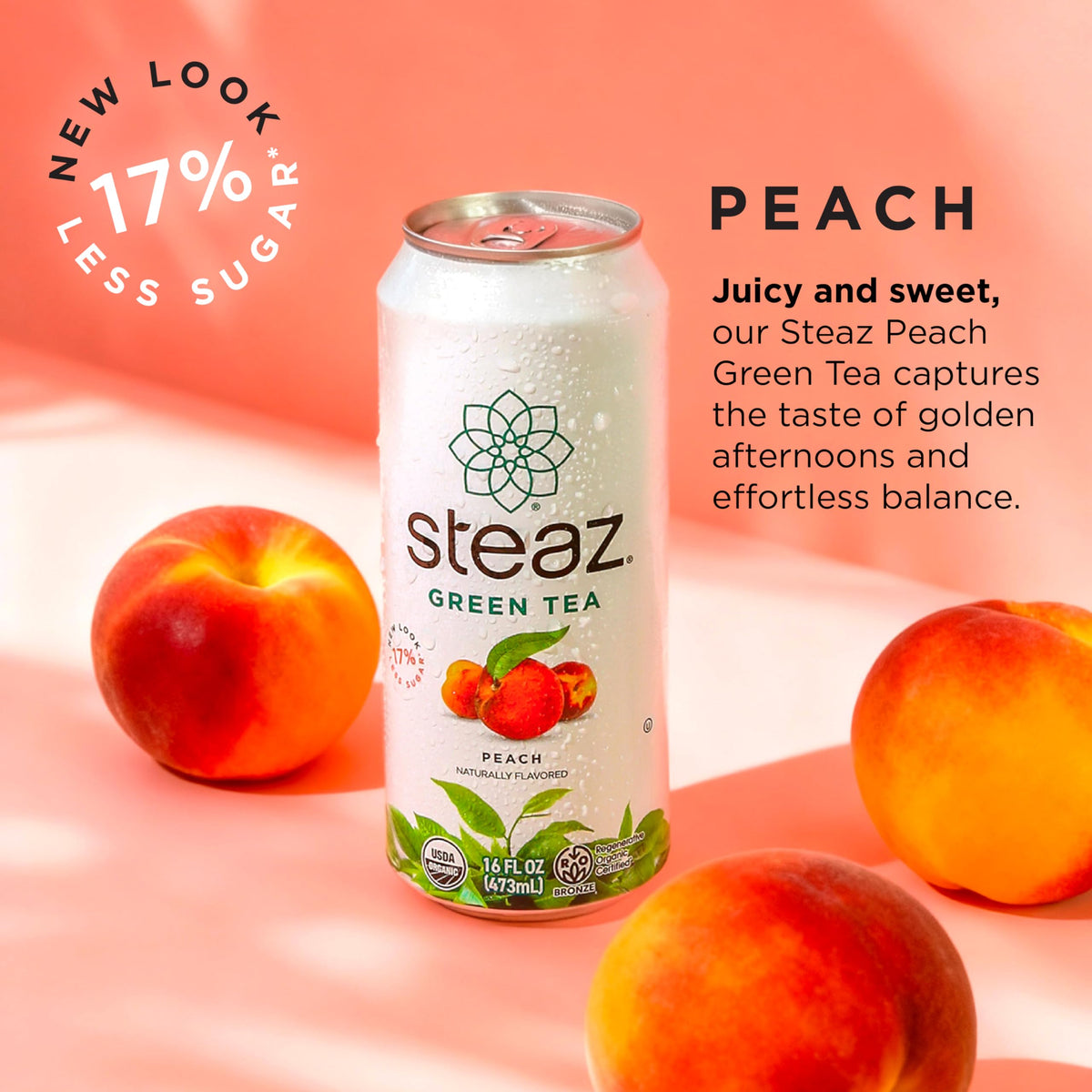 Steaz Organic Green Tea Peach Flavored (12 Pack) – Antioxidant Brew, 65 mg Caffeine, 90 Calories, Vegan & Fair Trade
